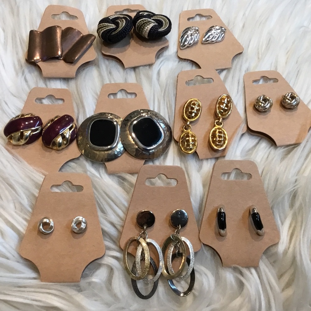 VINTAGE 10 Pair Pierced Earrings  - Gold, Silver, Black